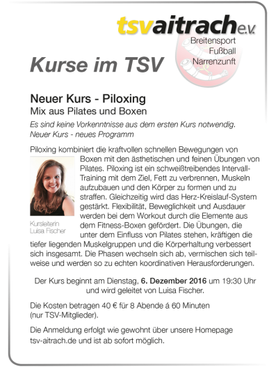 Neuer Piloxing-Kurs ab 6. Dezember 2016
